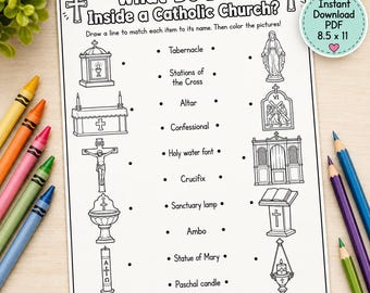 Catholic Church Worksheet | What Do I See at Church Matching Activity | Catholic Mass Coloring Page | CCD Religious Education Printable