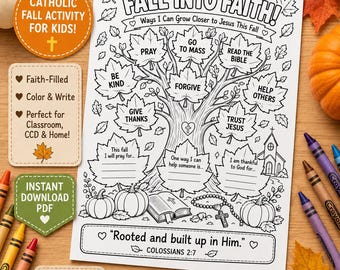 Werkblad 'Val in het Geloof' Katholieke | Christelijke herfstkleurplaat voor kinderen | Katholieke herfstactiviteit | Religieus printbaar materiaal voor de zondagsschool