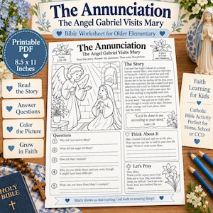 May include: A printable 21.6 x 27.9 cm Bible worksheet titled The Annunciation: The Angel Gabriel Visits Mary. The page features a black and white line art illustration of an angel and Mary, a written story, five questions, a reflection section, and a prayer.