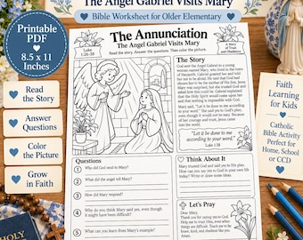 The Annunciation Worksheet for Older Kids | Angel Gabriel Visits Mary | Christian Catholic Bible Study Activity | Luke 1:26-38 Printable PDF