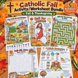 May include: A Catholic fall activity and worksheet bundle featuring five pages with themes of harvest, Thanksgiving, and religious figures. The sheets include an I Spy game, a maze, a word search, and coloring activities with illustrations of Jesus.