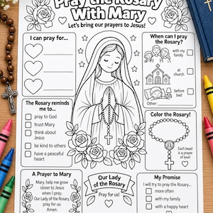 Può includere: Un foglio di attività stampabile in bianco e nero intitolato Pray the Rosary With Mary con un'illustrazione centrale di Maria, sezioni per le intenzioni di preghiera, caselle di controllo, un rosario da colorare e una preghiera a Maria.