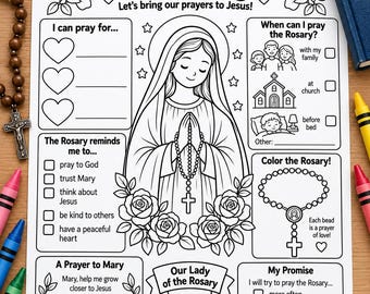 Our Lady of the Rosary Worksheet for Kids | Catholic Rosary Coloring Page | October 7 Feast Day Activity | Catholic Printable