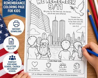 9/11 Remembrance Coloring Page for Kids, Christian September 11 Worksheet, Patriot Day Prayer Activity, Sunday School Printable