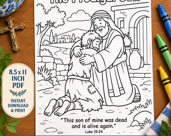 Ausmalbild vom verlorenen Sohn für Kinder | Bibelgeschichte Lukas 15 | Jesu Gleichnis von der Vergebung | Druckbare PDF-Datei für den christlichen Sonntagsschulunterricht, Homeschooling