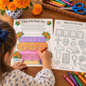 May include: A Day of the Dead Altar coloring activity sheet with a partially colored illustration of a tiered altar and a second sheet featuring black and white line art of various objects including frames, a skull, and food items.