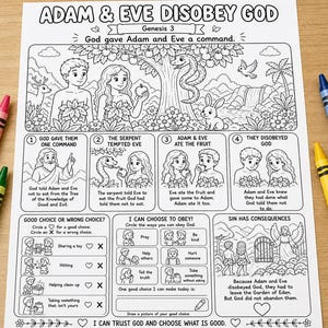 May include: A black and white printable activity sheet titled Adam & Eve Disobey God, featuring illustrations of the biblical story, multiple choice questions, and tasks. Four Crayola crayons in pink, green, yellow, and blue are placed on the sides.