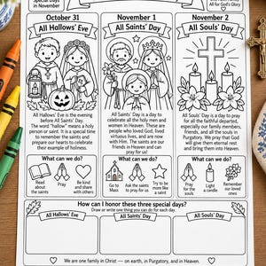 May include: A black and white educational activity sheet titled Three Special Days featuring sections for All Hallows' Eve, All Saints' Day, and All Souls' Day. The page includes illustrations, descriptive text, and blank boxes for writing or drawing, measuring 8.5 by 11 inches.
