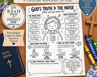 God’s Truth > The Noise Christian Worksheet for Kids, Identity in Christ Bible Activity, Christian Kids Printable, Sunday School PDF