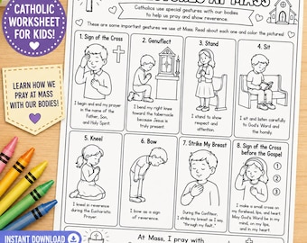 Catholic Mass Gestures Worksheet for Kids | My Gestures at Mass Coloring Page | First Communion CCD Religious Education Printable