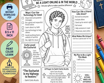 Saint Carlo Acutis Worksheet for Kids | Catholic Saint Coloring Page | October 12 Feast Day Activity | Catholic Printable