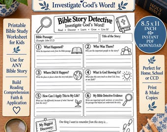 Bible Story Detective Worksheet | Any Bible Story Study for Kids | Christian Reading Comprehension | Catholic CCD Printable PDF