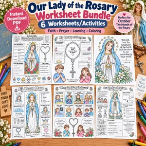 Peut inclure: Un ensemble de fiches pédagogiques intitulé Our Lady of the Rosary comprenant six pages d'activités religieuses, de coloriage et d'exercices de prière. Les pages incluent des illustrations de Marie, de chapelets et des textes pour apprendre la foi.