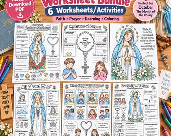 Our Lady of the Rosary Worksheet Bundle for Kids | 6 Catholic Rosary & Mary Activities | October 7 Feast Day | Printable CCD Worksheets
