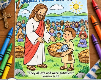 Ausmalbild „Die Speisung der 5000 durch Jesus“ für Kinder, Bibelgeschichte von den fünf Broten und zwei Fischen, katholische christliche Vorschul- und Sonntagsschul-Vorlage (PDF zum Ausdrucken), CCD