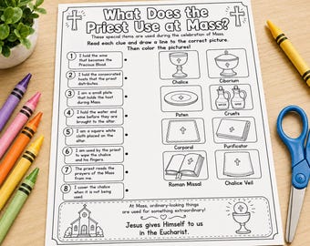 Catholic Mass Worksheet for Kids | Sacred Vessels Matching Activity | What Does the Priest Use at Mass | First Communion CCD Printable