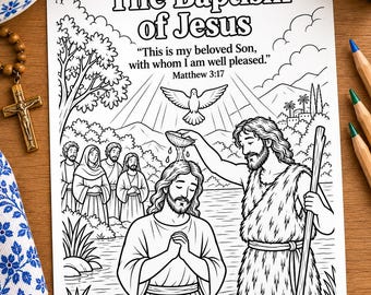 Kleurplaat van de doop van Jezus voor kinderen | Mattheüs 3:17 Bijbelverhaal | Johannes de Doper en de Heilige Geest | Katholieke zondagsschool PDF