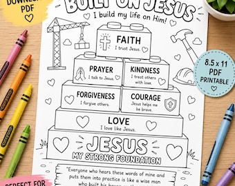 Kleurplaat 'Gebouwd op Jezus' voor kinderen | Christelijke Bijbelactiviteit | Printbaar materiaal voor de zondagsschool | Mattheüs 7:24 | Katholiek werkblad, CCD PDF