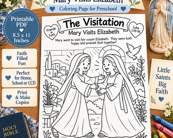 The Visitation Coloring Page for Preschool | Mary Visits Elizabeth | Catholic Bible Story for Kids | Christian Printable PDF