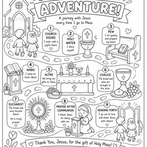 May include: A black and white coloring page titled My Mass Adventure featuring a path with nine numbered stations illustrating steps of the Catholic Mass, including church doors, holy water, a pew, ambo, altar, chalice, eucharist, and prayer.