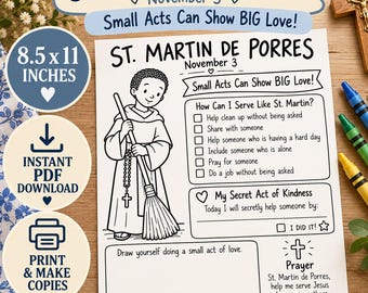 St Martin de Porres Worksheet for Kids | Catholic Saint Kindness Activity | November 3 Feast Day | Catholic Coloring Printable PDF