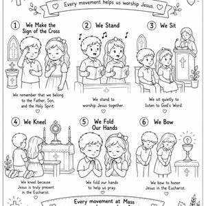 May include: A black and white educational poster titled Why Do We Do That at Mass? featuring six numbered illustrations of children performing religious gestures. The text explains actions like making the sign of the cross, standing, sitting, kneeling, folding hands, and bowing.