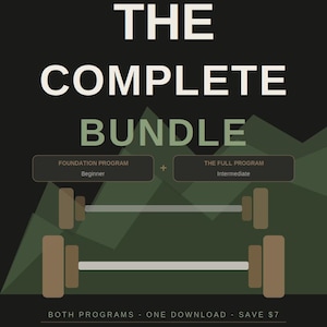 Könnte beinhalten: Eine digitale Grafik für Appalachian Gainz Co. mit dem Titel The Complete Bundle. Sie zeigt zwei Hantelsymbole, Text für ein Foundation Program für Anfänger und ein Full Program für Fortgeschrittene sowie den Text: Both programs, one download.