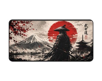 Tappetino da scrivania con silhouette di samurai / Monte Fuji, sole rosso e fiori di ciliegio