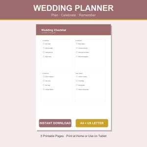 Könnte beinhalten: Ein digitales Hochzeitsplaner-Dokument mit einem malvenfarbenen Header mit der Aufschrift WEDDING PLANNER und Plan · Celebrate · Remember. Die Checkliste enthält Abschnitte für 12+ Monate, 6-9 Monate, 3-6 Monate und letzte Wochen. Enthält Schaltflächen für INSTANT DOWNLOAD und A4 + US LETTER.