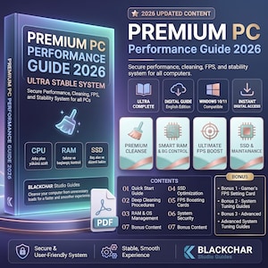 Peut inclure: Un guide numérique Premium PC Performance Guide 2026 avec une couverture dégradée bleu foncé et sarcelle. Le texte inclut Premium PC Performance Guide 2026, Ultra Stable System, et des contenus comme Quick Start Guide, SSD Optimization et FPS Boosting Cards.