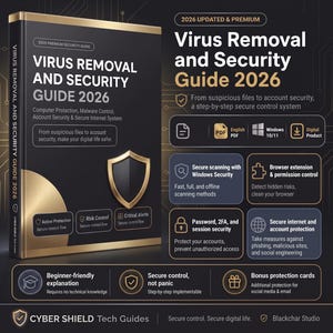 May include: A digital Virus Removal and Security Guide 2026 book cover in black and gold. The text reads Virus Removal and Security Guide 2026, Computer Protection, Malware Control, Account Security, and Secure Internet System. Includes icons for PDF, Windows 10/11, and digital product features.
