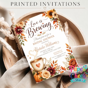Love is Brewing Fall Bridal Shower Invitation, 5X7 Printed Bridal Shower Invitations, Personalized Bridal Shower Invite with envelopes