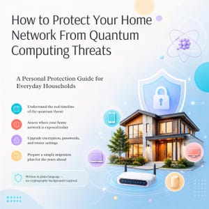 Op de afbeelding: Een infographic met de titel How to Protect Your Home Network From Quantum Computing Threats, met een huis, een router en apparaatpictogrammen. Het bevat een lijst met beschermingsstappen en een opmerking over het eenvoudige taalgebruik.