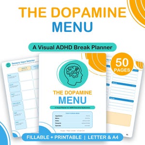 Könnte beinhalten: Ein 50-seitiger, ausfüllbarer und druckbarer ADHS-Pausenplaner mit dem Titel The Dopamine Menu. Das Cover zeigt ein türkisfarbenes Kopf-Symbol mit Zahnrädern, blauem und gelbem Text sowie Abschnitte für Appetizers, Mains, Sides, Desserts und Specials.