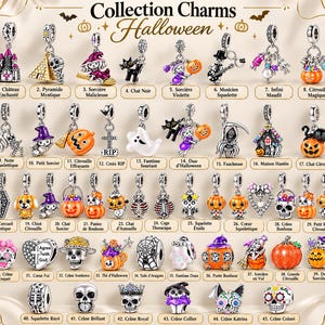 Può includere: Una collezione di quarantacinque ciondoli di Halloween in metallo color argento con vari disegni tra cui zucche, teschi, fantasmi, streghe, gatti e scheletri. Ogni ciondolo è numerato ed etichettato con testo in francese, con dettagli in smalto.