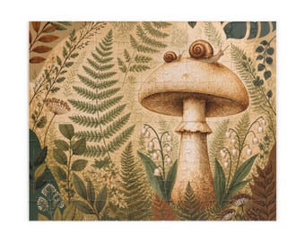 Rompecabezas con ilustración de setas y caracoles / Rompecabezas botánico de la naturaleza