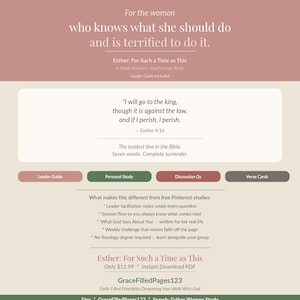 May include: A digital study guide titled Esther: For Such a Time as This, featuring a dusty rose and cream color scheme. The text includes the quote I will go to the king, though it is against the law, and if I perish, I perish, and Esther 4:16.