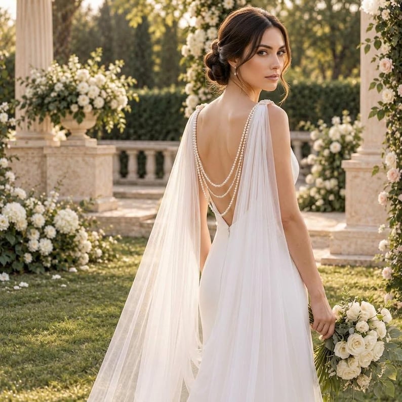 Pearl Bridal Cape, Pearl Tulle Wedding Cape, Necklace Bridal Cape, Long Pearl Bridal Cape, Pearl Tulle Wedding Cape, Necklace Bridal Cape, Long