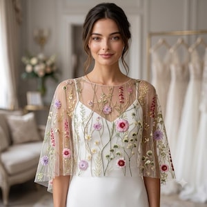 Wedding Shawl, Wedding Cape, Floral Embroidered Bridal Capelet, Sheer Tulle Boho Dress Topper, Boho Bride Shawl, Veil Alternative Cover Up