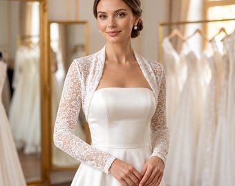 Vintage Lace Bridal Bolero, Long Sleeve Wedding Jacket, Sheer Floral Lace Topper, Wedding Dress Cover Up, Sheer Lace Shrug, Ivory, Black