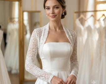 Vintage Lace Bridal Bolero, Long Sleeve Wedding Jacket, Sheer Floral Lace Topper, Wedding Dress Cover Up, Sheer Lace Shrug, Ivory, Black