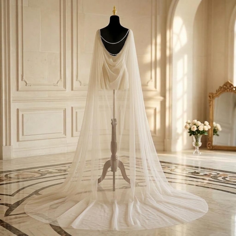 Pearl Bridal Cape, Pearl Tulle Wedding Cape, Necklace Bridal Cape, Long Pearl Bridal Cape, Pearl Tulle Wedding Cape, Necklace Bridal Cape, Long