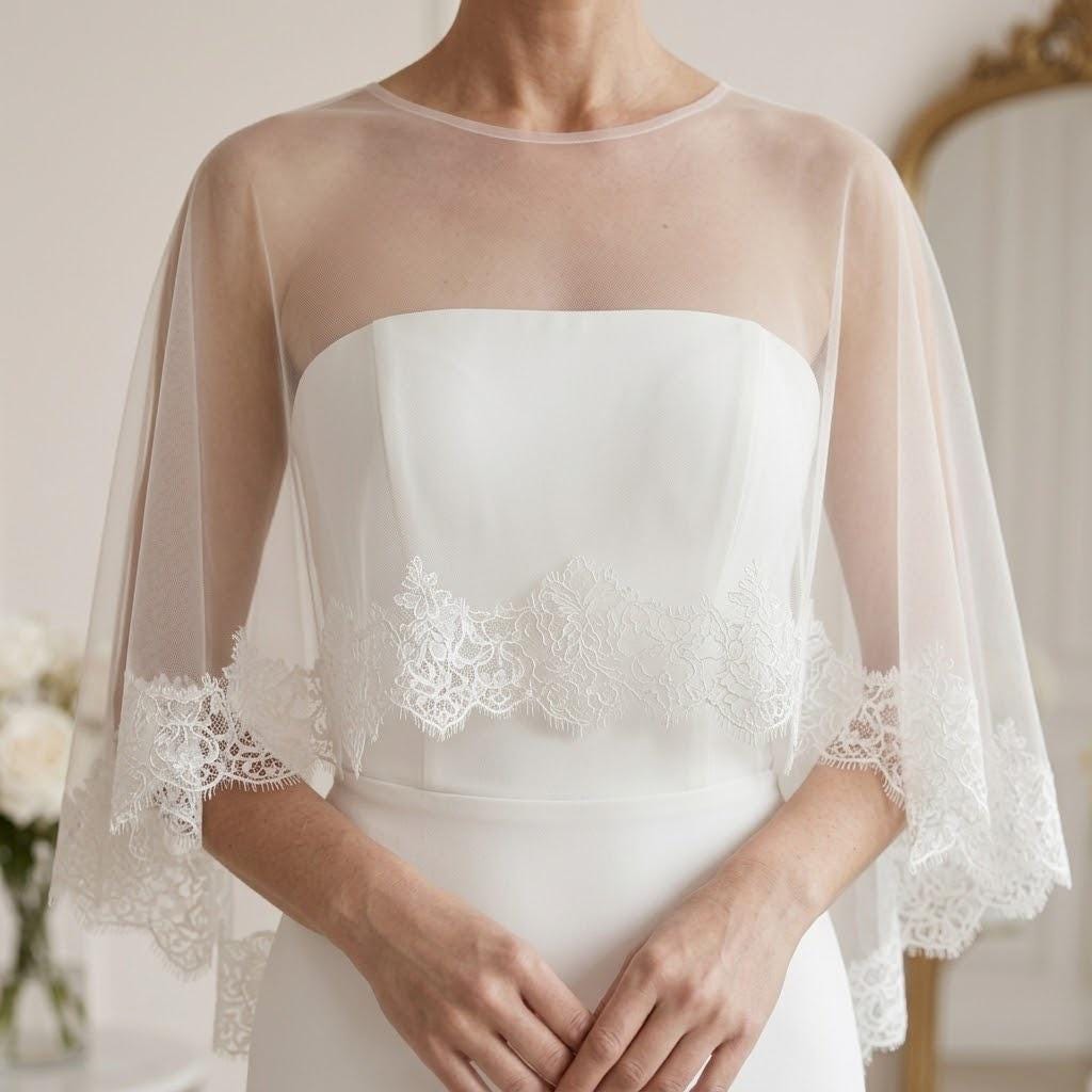 Lace Bridal Capelet, Sheer White Wedding Shawl, Beaded Tulle Bolero Topper for Bride, Elegant Shoulder Cover Up for Formal Evening Dress 2/S