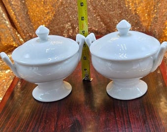 Pair of Vintage White Porcelain Covered Sugar Bowls