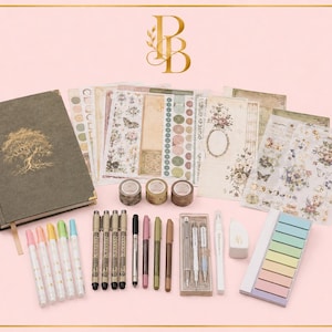 May include: A stationery set featuring a dark olive green journal with a gold tree emblem, assorted floral sticker sheets, three rolls of washi tape, five pastel markers, seven fine-liner pens, three metallic pens, a white eraser, and pastel sticky tabs.