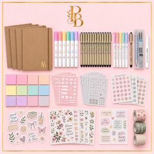 May include: A stationery set featuring three brown notebooks, colourful markers, fine-liner pens, pastel highlighters, a mechanical pencil, correction pen, sticky notes, stencils, date stickers, floral and quote stickers, and three rolls of patterned washi tape.