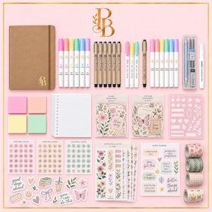 May include: A stationery set including a brown notebook, colourful markers, fine-liner pens, sticky notes, lined paper, floral ephemera, date stickers, botanical sheets, motivational quote stickers, a stencil, and four rolls of patterned washi tape.