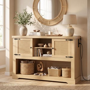 May include: A light oak wood console table featuring two cabinet doors with woven cane panels, black metal hinges, and an open central shelving unit. The lower section includes an open shelf holding a woven basket, a wooden sculpture, and two small storage bins.