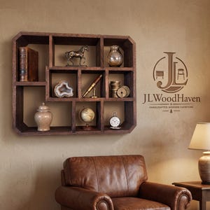 May include: A dark brown wooden wall shelf with multiple rectangular compartments of varying sizes. The shelf displays decorative items including books, a horse figurine, a glass vase, a geode, a telescope, coins, a jar, a globe, and a pocket watch.