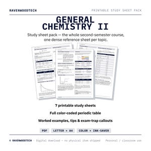 General Chemistry 2 Study Cheat Sheets | Printable Exam Notes + Periodic Table | PDF Instant Download